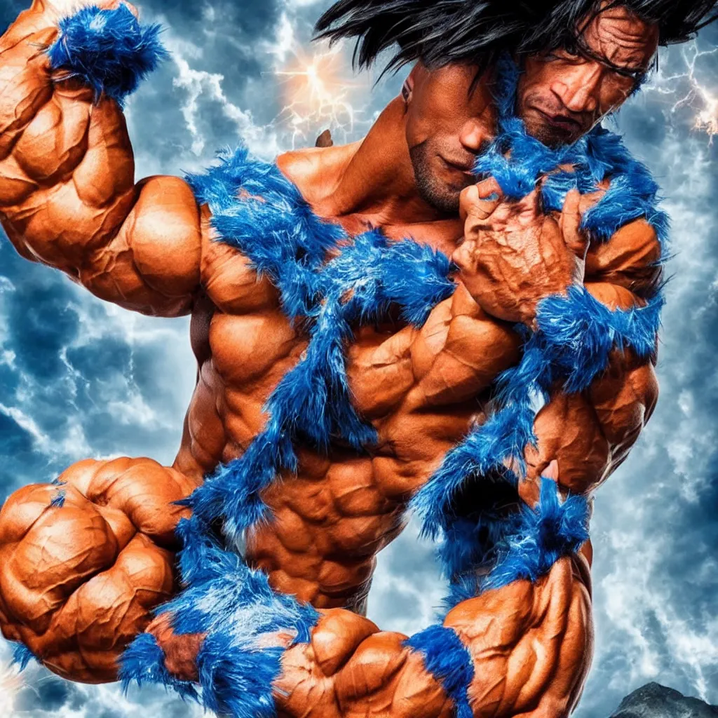 Prompt: Photo of muscular Dwayne Johnson (Rock) as Goku character, 8k photo, professional photography