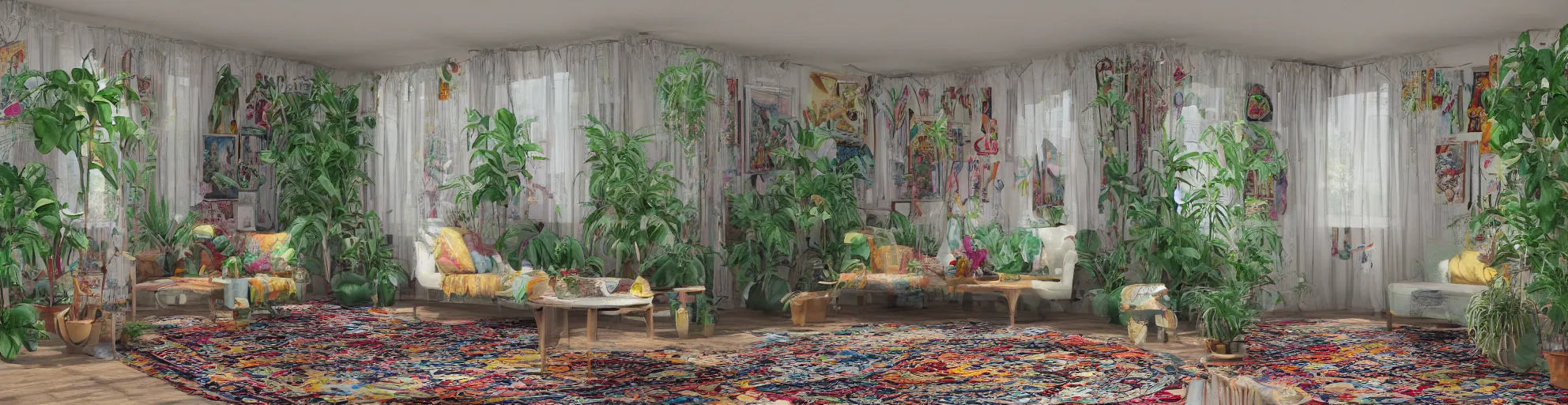 Prompt: 1 9 6 9 living in an older house, hippie pad, hippie chic, antiques, tropical houseplants, beaded curtains, posters on the walls, persian rugs, artstation, v - ray render, 8 k