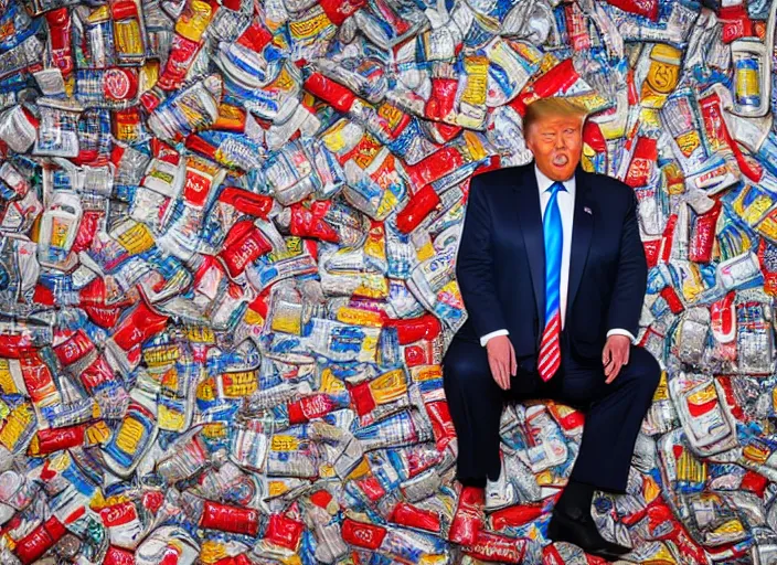 Prompt: portrait photo of donald trump sitting next to a table covered in mcdonald's wrappers and diet coke cans, studio lighting, key light, 8 k, 8 5 mm f 1. 8