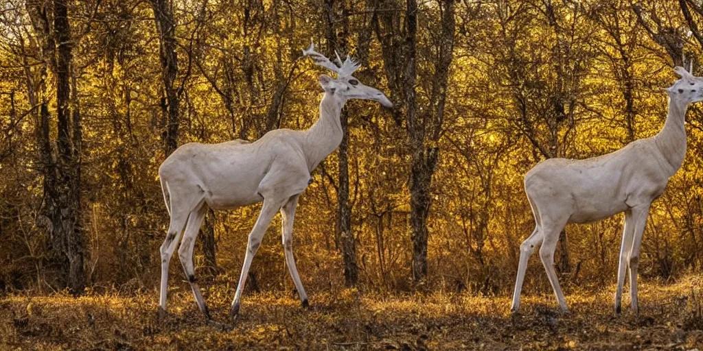 Image similar to a beautiful long necked albino elk like creature with the body of a white spotless giraffe, walks thru an enchanted forest, majestic!!! beautiful!!!, ethereal!!!, loving, ultra realistic, winter, golden hour, volumetric lighting, sharp focus