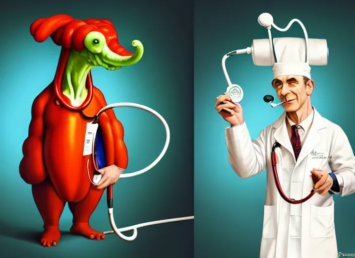 Image similar to a anthropomorphic pepper wearing a white lab coat and stethoscope, diffuse lighting, fantasy, intricate, elegant, highly detailed, lifelike, photorealistic, digital painting, artstation, illustration, concept art, smooth, sharp focus, art by frank frazetta and marco bucci and loish and rossdraws and artgerm and alphonse mucha