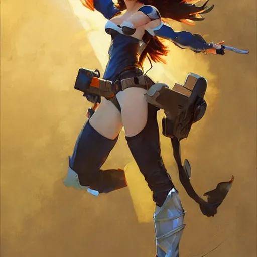 Prompt: greg manchess painting of tracer wearing a knight armor, medium shot, organic painting, sunny day, bold shapes, hard edges, street art, trending on artstation, by huang guangjian and gil elvgren and sachin teng and artgerm and greg rutkowski and alphonse mucha