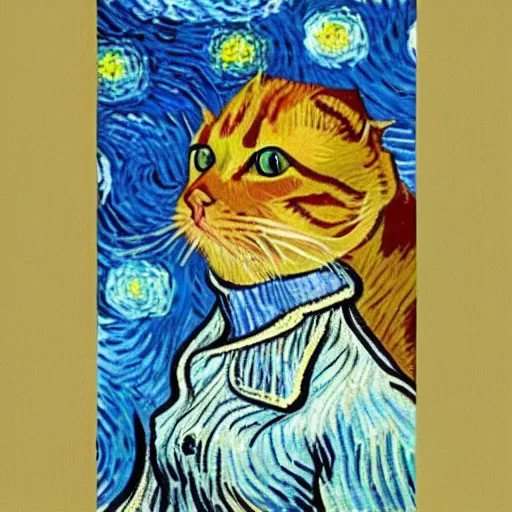 Image similar to Van Gogh portrait of a ginger tabby cat wearing a beautiful outfit