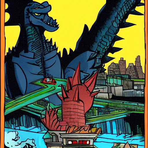 Prompt: godzilla cartoon style, with one hand destroys the city, with the other one eats cake