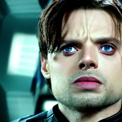 Prompt: sebastian stan as the winter soldier after being assimilated by the borg with cybernetic facial implants, a still from star trek.