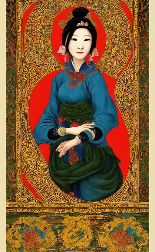 Image similar to an awesome vietnamese art of a lady in the style of a renaissance masters portrait, mystical and new age symbolism and tibetan book of the dead imagery, intricately detailed, 4 k