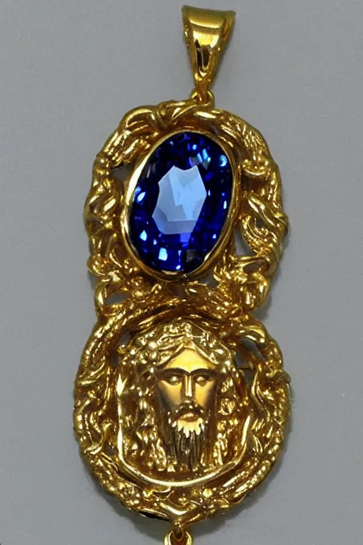 Image similar to this gold jesus pendant upgraded in platinum and sapphires where there are diamonds. high shine jewelry