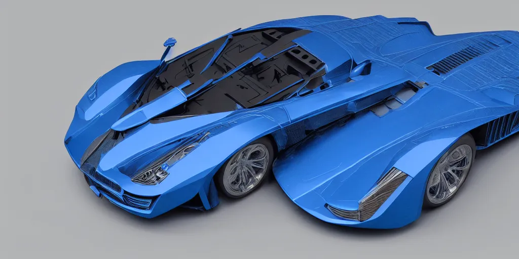 Image similar to highly detailed blueprint of a super car, layout, construction drawing, white paper, blue lines, 4 k, intricate, hyper realistic, octane render engine