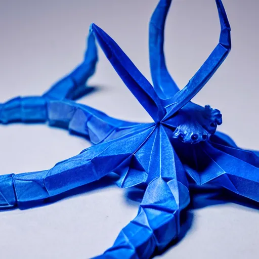 Image similar to an origami octopus, blue colors, macro photography, ambient light