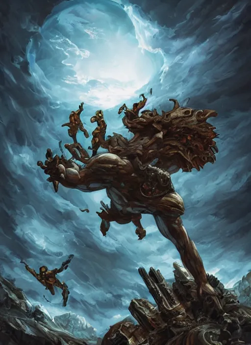 Image similar to An epic fantastic atmospheric comic book style painting of a polished stone sculpture of ancient gods battling over the Earth, fisheye lens, atmospheric, concept art, saturation 8，DAZ, dynamic lighting