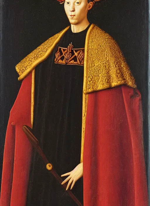 Image similar to portrait of a young man who is a king with a crown, medieval painting by Jan van Eyck, Florence