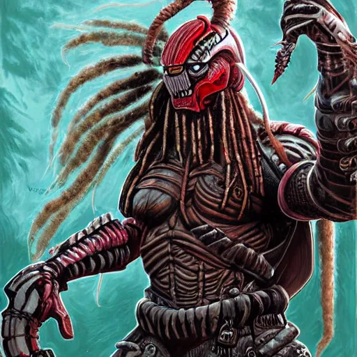 Prompt: character digital painting of an alien with dreadlocks and grey armor, The Predator, Yautja, by Dan Mumford, hyperdetailed