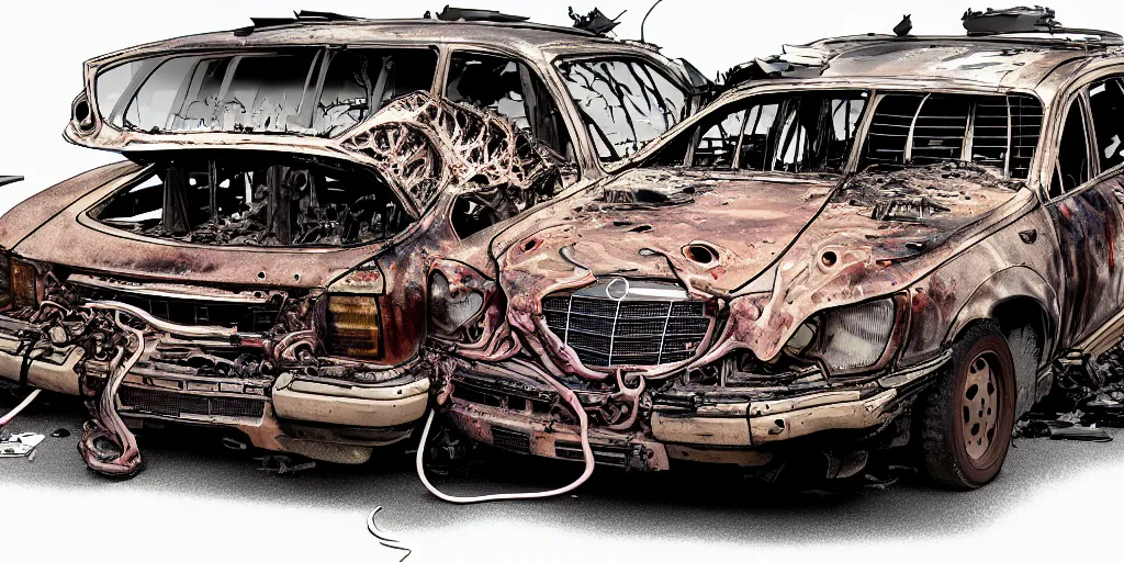 Image similar to a big woman axolotl in burning wrecked mercedes 1 2 4, by kirokaze, ultrafine hyperdetailed illustration by kim jung gi