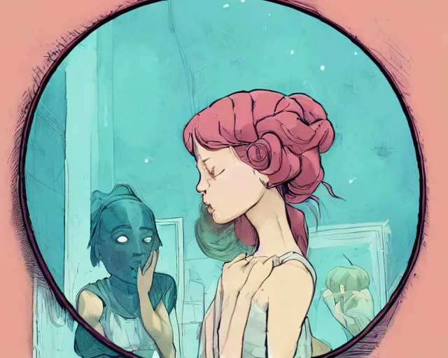 Image similar to a cell shaded cartoon of a girl in dress looking at the mirror to another world dimension, illustration, subtle colors, post grunge, concept art by josan gonzales and wlop, by james jean, victo ngai, david rubin, mike mignola, laurie greasley, highly detailed, sharp focus, alien, trending on artstation, hq, deviantart, art by artgem