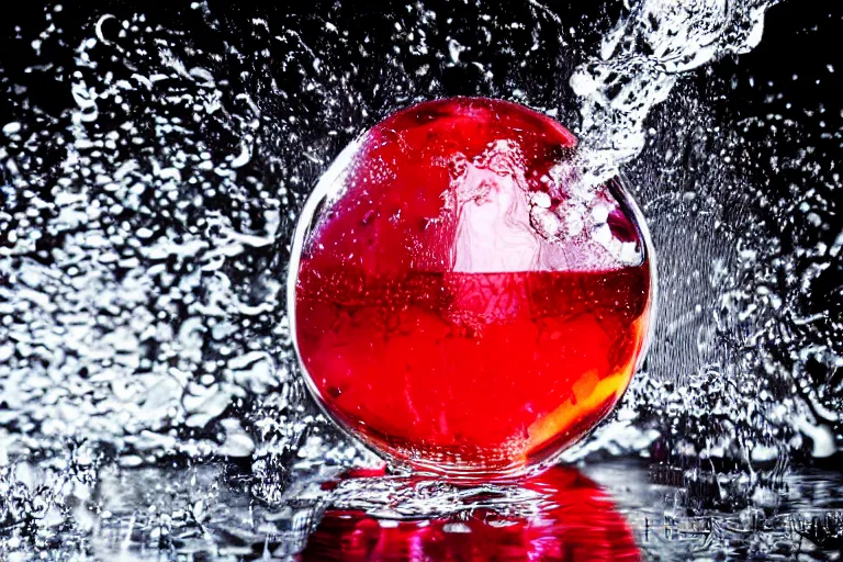 Prompt: a Photorealistic hyperrealistic close up high speed render of a large detailed cherry dropped into a glass full of water creating a splash, beautiful highly detailed droplets, reflections and refractions, dark studio backdrop, Beautiful studio lighting, Nikon Z7, ISO 400, Sigma 85mm f1.4 DG DN, aperture f/11, exposure 1/200, studio lights