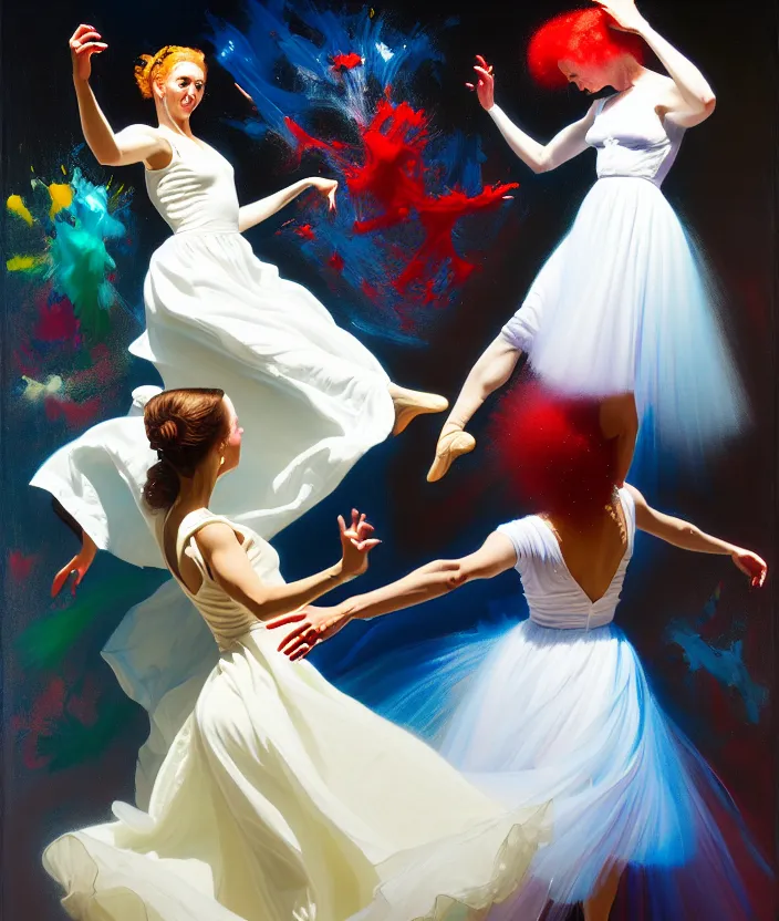 Prompt: one women into fountain of bright paints and substances dancing alone in white dress, paint on dress, piotr jablonski, norman rockwell, tim hildebrandt, mark maggiori, jeff dekal, long shot, hyperrealistic oil painting on canvas, deep depth field, cinematic composition, hyper - detailed, hdr, 8 k, 4 k