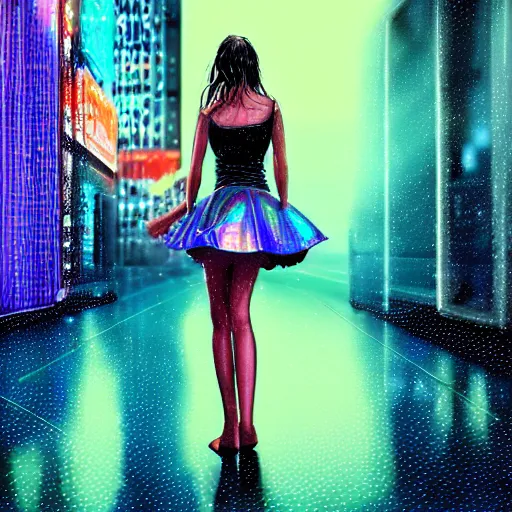 Image similar to hyperdetailed realistic digital painting of a beautiful wet girl wearing a short skirt in the rain interacting with a holographic interface on a wall in a future cyber punk style city trending on art station