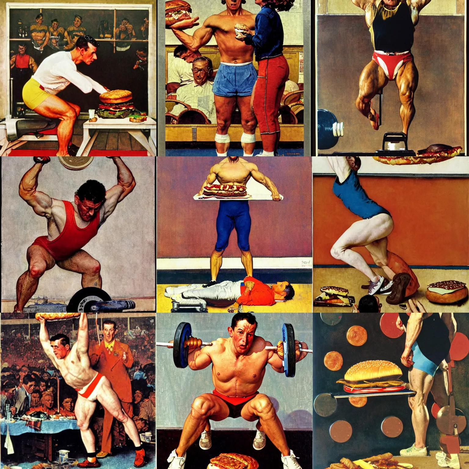 Prompt: Norman Rockwell painting of an Olympic weight-lifter attempting to lift a giant cheeseburger