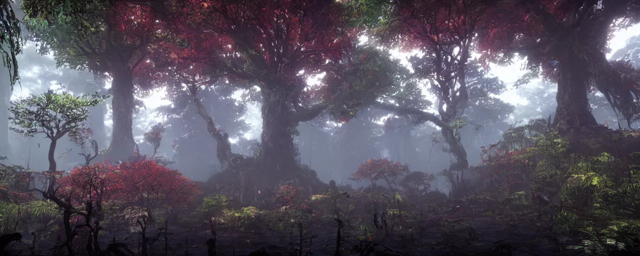 Image similar to a stunning wide shot view of a mythical rainforest, colorful trees, screenshot from bloodborne