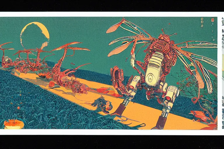 Image similar to gigantic dragonflies catch tiny cars, a lot of exotic mechas robots around, heads are all over the ground, acid and dreaming psychedelic hallucinations, risograph by kawase hasui, dirtyrobot, edward hopper, satoshi kon and moebius, colorful flat surreal design, super - detailed, a lot of tiny details, fullshot