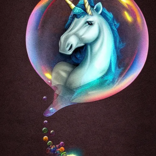 Prompt: A unicorn in the shape of a bubble floating in the air, mystical fantasy, concept art