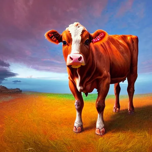 Image similar to digital painting of a guernsey cow by filipe pagliuso and justin gerard, symmetric, neon colours, highly, detailed, realistic, intricate