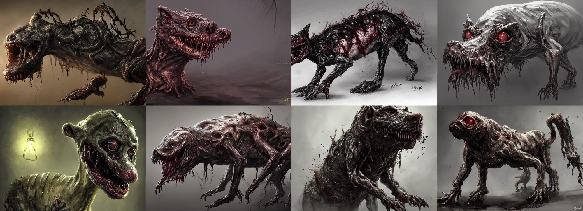 Prompt: a nightmarish slimy monster dog, with black eyes, rotting flesh, exposed bone, by jerad marantz, concept art, dramatic lighting, highly detailed digital painting