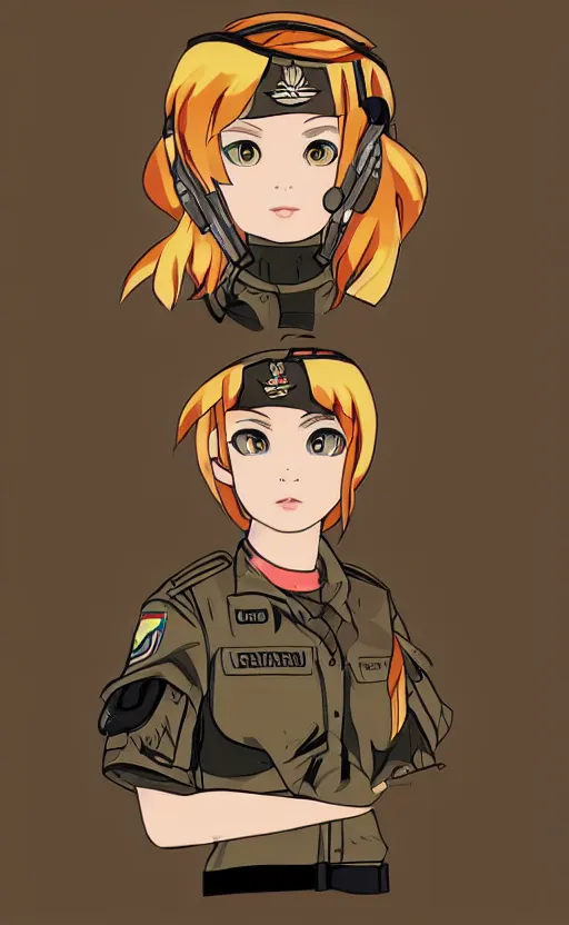 Prompt: T-shirt design, portrait of soldier girl, 2022 anime style, clean logo, graphic templates, flight squadron insignia, no text, soldier clothing, realistic military gear, inspired by shirt designer, made in blender, no background, vector line art, by ilya kuvshinov, trending on teemill, symbology, realistic human anatomy, high resolution, matte, empty hands, realistic military carrier