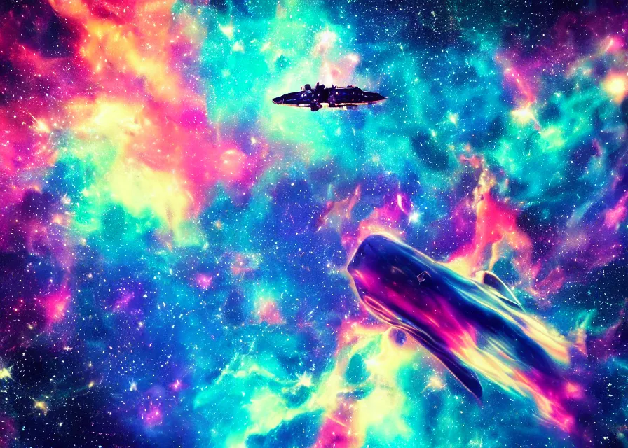 Prompt: spaceship flying over huge and colorful nebula, spray paint