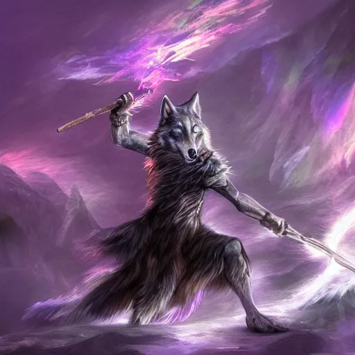 Image similar to wizard is holding a staff as a wolf, dynamic pose, chromatic aberration, medium level shot, fantasy, illustration, concept art,