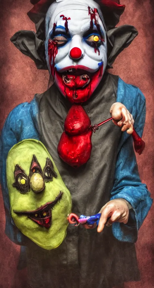 Image similar to water painting of a sad jester in a clown suit with a sad face reluctantly eating a human corpse, gothic, dark, gory, fear, 4 k, realistic, sad, surreal, volumetric lighting