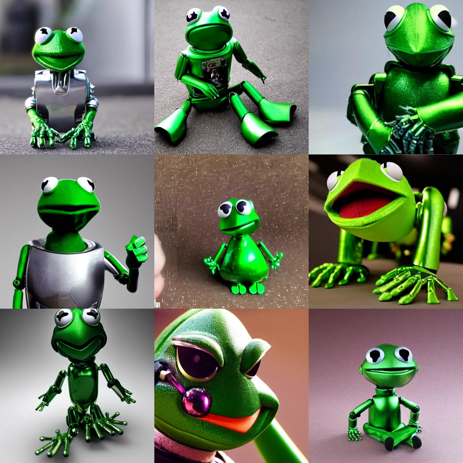 Prompt: a shiny robot which looks like kermit the frog
