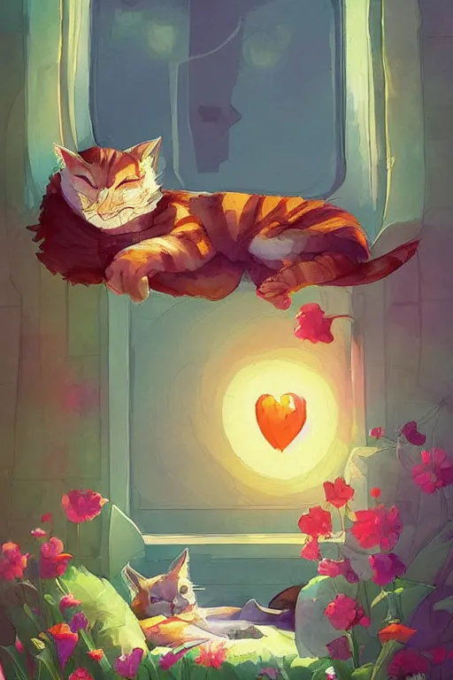 Image similar to a digital art of a cat sleeping in the room with flowers around in the afternoon, the sun shines in, storybook art, watercolor, detailed, cute, by anton fadeev, featured on artstation