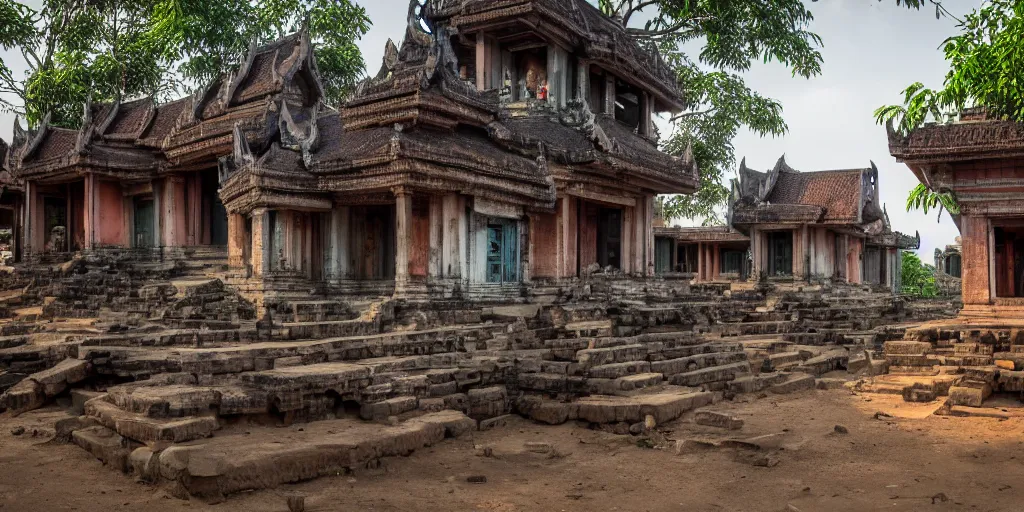 Prompt: a futuristic village with khmer architecture, highly detailed, 4k, photograph, HDR , Minolta X700, 50mm, award winning