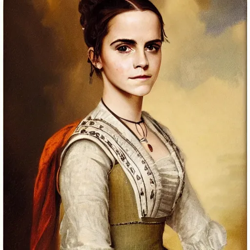 Prompt: A portrait of Emma Watson. Colonial Era Painting.