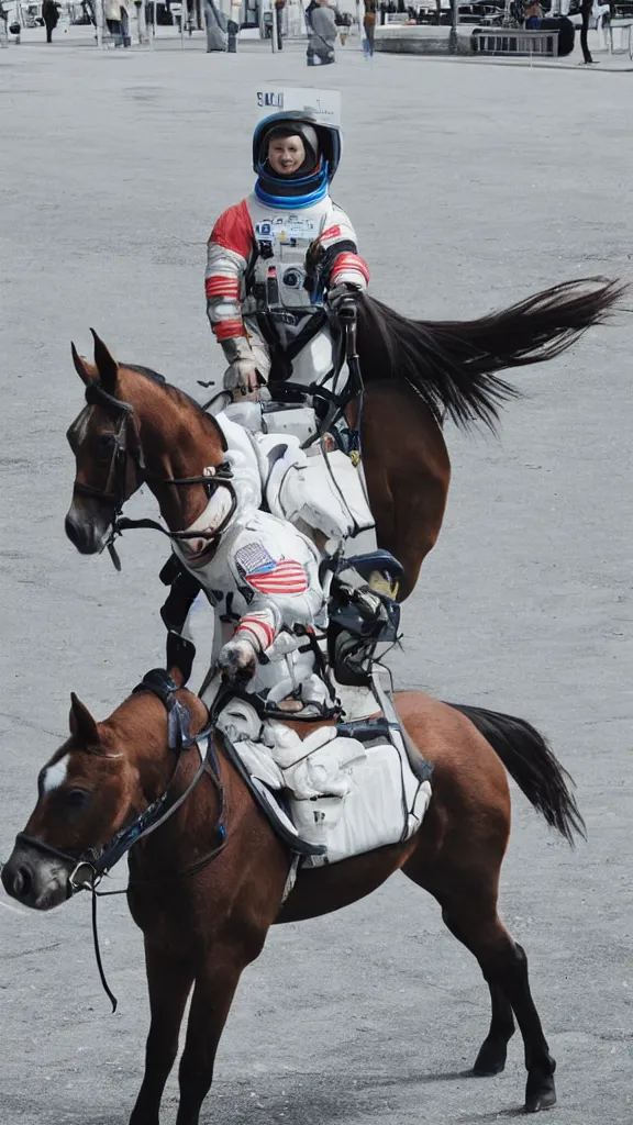 Image similar to a horse riding an astronaut, street photo, happy, positive,