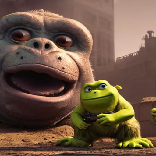 Prompt: mr. bean godzilla yoda donkey kong pikachu yeti shrek spongebob homer groot in gears of war, splash art, movie still, detailed face, photorealistic facial features, cinematic lighting, dramatic, octane render, long lens, shallow depth of field, bokeh, anamorphic lens flare, 8 k, hyper detailed, 3 5 mm film grain