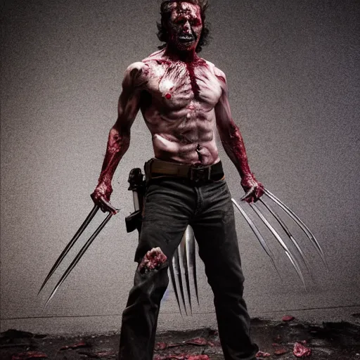 Prompt: wolverine, the walking dead zombie, full body shot, butcher by yousuf karsh, golden hour, realistic, body shot, sharp focus, 8 k high definition, insanely detailed, intricate, elegant