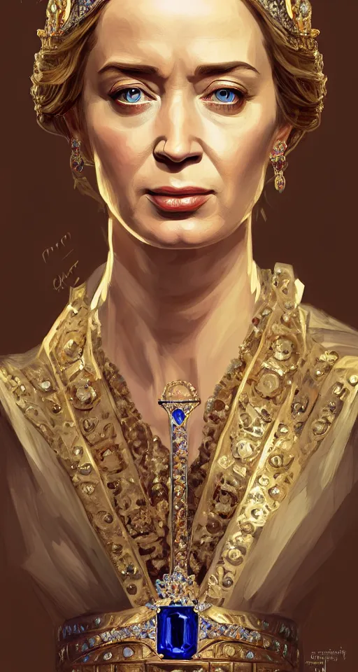 Image similar to portrait of emily blunt as queen, jewelry, greek, sapphire, victorian age, 1 8 9 0, intricate, headshot, key visual, conceptart, ambient lighting, highly detailed, digital painting, artstation, concept art, sharp focus, by makoto shinkai and akihiko yoshida and greg manchess