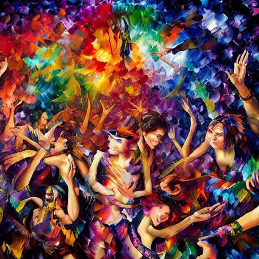 Image similar to psychedelic rave dance party by arthur adams, charlie bowater, leonid afremov, chiho ashima, karol bak, david bates, tom chambers