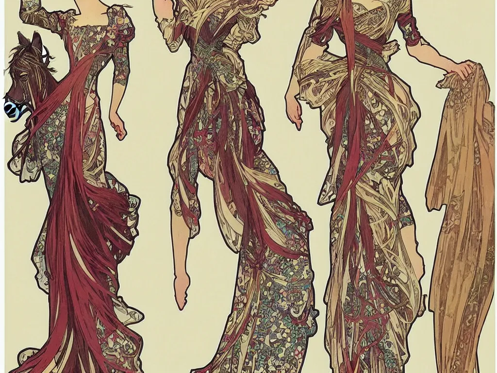 Image similar to 4 elegant full length spider horse dress designs with natural history prints designed by alphonso mucha