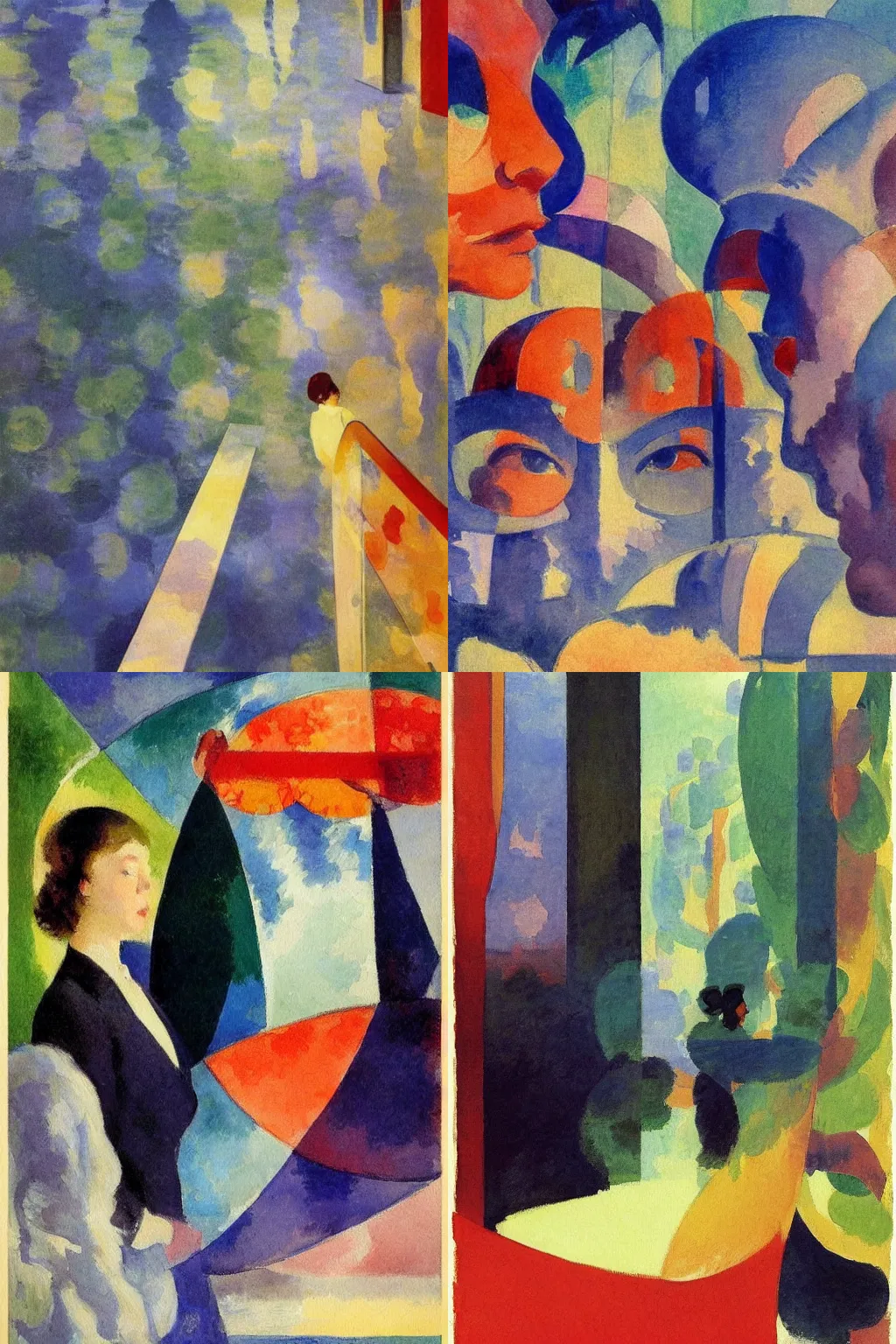 Prompt: impressionist watercolor painting by Claude Monet, surrealist reflected invention of the mirrored self by Edward Hopper, by Dean Ellis, by Sonia Delaunay, by Jean Giraud, 1942, fisheye lens