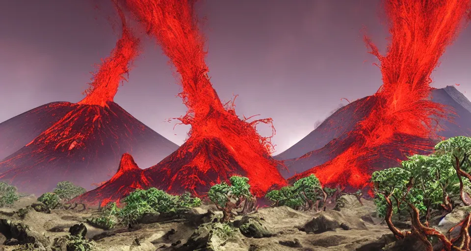 Prompt: a volcano made of ivory vines and crimson rocks enters in eruption, it spits a smoke in the shape of demonic eye, by Blizzard Concept Artists