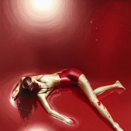Prompt: Bella Hadid full body laying in a blood red pool of water between a golden mirror frame, outside is space and inside the mirror frame is a beautiful landscape., physically accurate, dynamic lighting, intricate, elegant, highly detailed, digital painting, artstation, HR GIGER, Hieronymus Bosch, Francis Bacon, concept art, smooth, sharp focus, illustration, art by artgerm and greg rutkowski and alphonse mucha