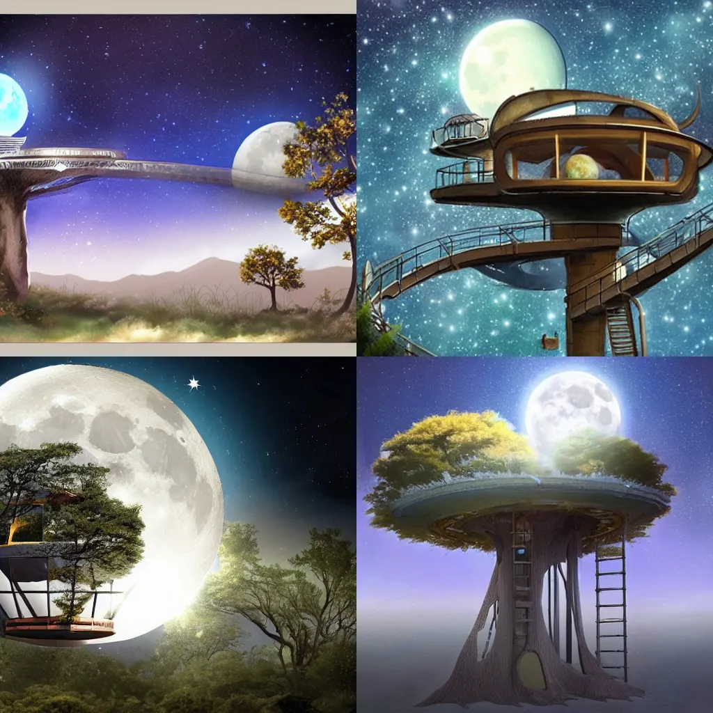Prompt: moon - based treehouse in the near future. space background. realistic concept art