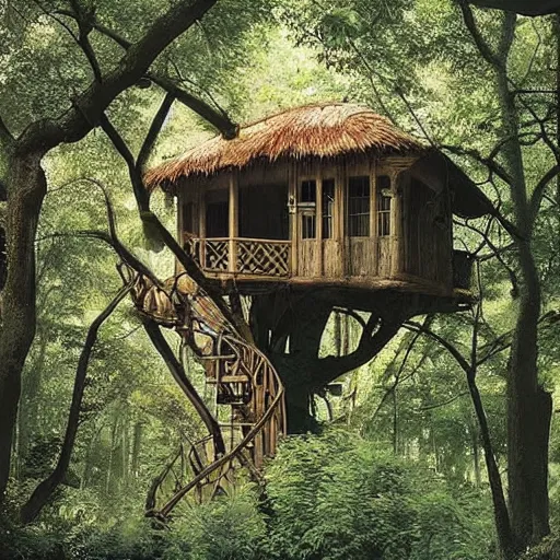 Prompt: beautiful rustic treehouse, lush trees, by caravaggio