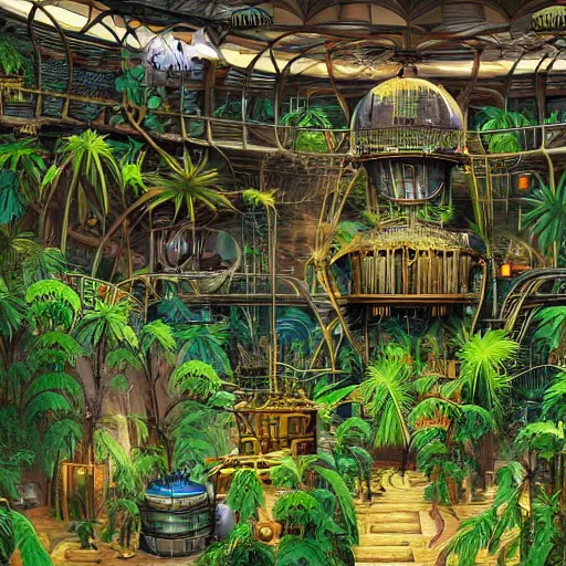 Prompt: inside an enormous steampunk machine room with lush vegetation growing around the machines, tropical trees, large green leaves, extremely detailed painting, 4k, vivid colors