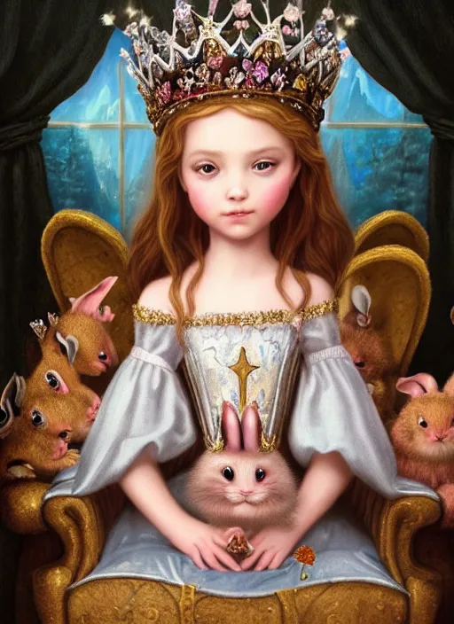 Image similar to highly detailed closeup portrait of a fairytale medieval princess wearing a crown and sitting on a throne, surrounded by cute bunnies, unreal engine, nicoletta ceccoli, mark ryden, earl norem, lostfish, global illumination, god rays, detailed and intricate environment