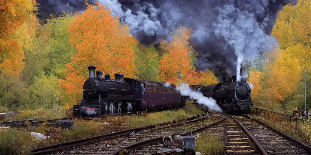 Prompt: A train bound for Hogwarts in autumn arrives at a station. The leaves on the trees are changing color and falling to the ground. The air is cool and crisp. The train is long and black, and steam is coming out of the engine. The station is busy with people coming and going. by Alejandro Burdisio, Andreas Rocha, Tuomas Korpi, german romanticism style, oil on canvas, cinematic lighting, vibrant, hdr, concept art, water reflections