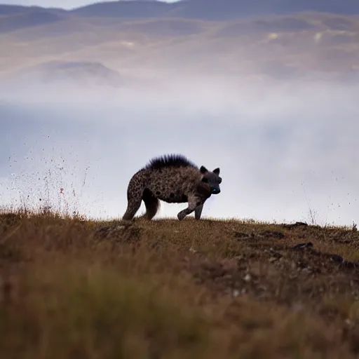 Prompt: national geographic photograph, a hyena walking through a pyrenean landscape where there is a lake